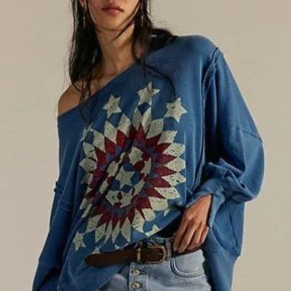 We The Free Blue Crewneck Sweater with Geometric Star Medallion